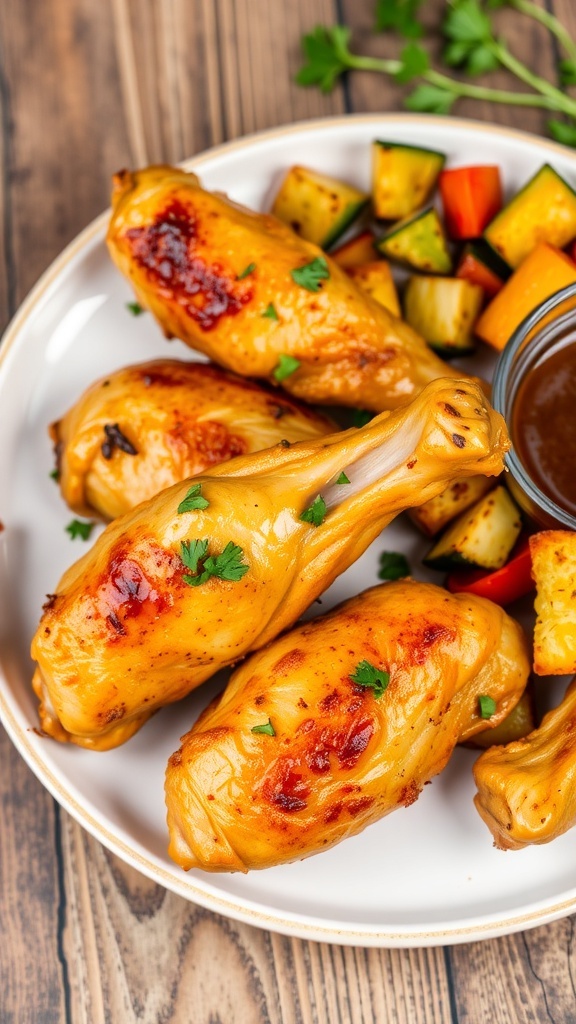 Baked chicken drumsticks on a plate with herbs and roasted vegetables.
